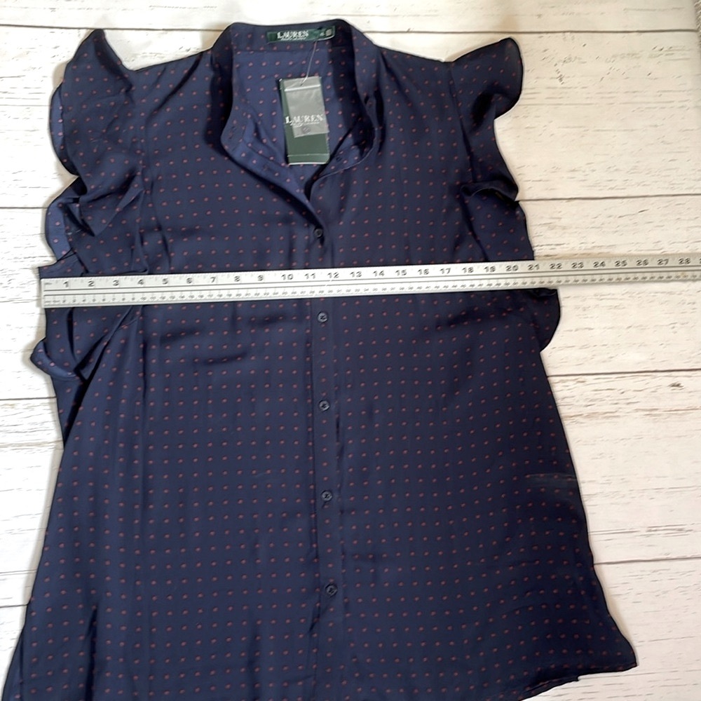 Lauren Ralph Lauren Navy Blue Ruffle Sleeved Polka Dot Blouse, size XL, NWT - Picture 11 of 12